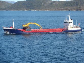 MS Bjugnfjord tilhører rederiet Fosenfrakt. Det 65 meter lange og 10,5 meter brede skipet sank natt til fredag 21.januar. Torsdag kveld fikk det kraftig slagside. Foto: Fosenfrakt