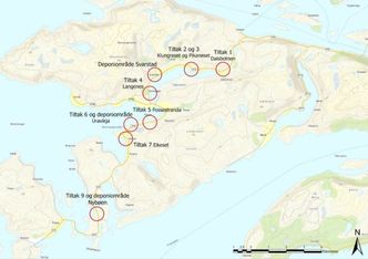 Kart over stedene hvor veien skal utvides, samt deponiområdene. Illustrasjon:  Vestland fylkeskommune