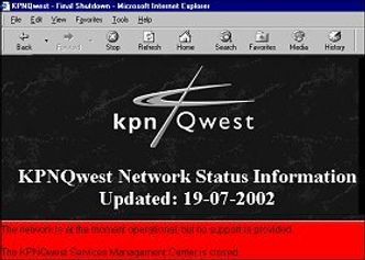 Melding fra ansatte i KPNQuest om at de ikke lenger vil ta ansvaret for å opprettholde driften av selskapets stamnett. Skjermbilde:  Digi.no