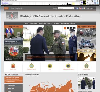 Den nyeste kopien i Wayback Machine av de engelskspråklige websidene til det russiske forsvarsdepartementet er fra 15. februar 2022. Skjermbilde: Digi.no