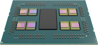AMD Epyc med 3D V-Cache, uten deksel. Her ser man alle de ni brikkene som prosessoren består av. Illustrasjon:  AMD