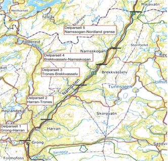 Karter viser delparsellene som skal bygges eller utbedres i det 94 kilometer lange utbedringsprosjektet på E6 fra Grong i Trøndelag til Nordland grense. Illustrasjon: Statens vegvesen