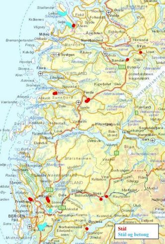 De røde punktene viser hvor stålrekkverk skal monteres, og de blå punktene markerer stedene for stål- og betongrekkverk. Illustrasjon: Vestland fylkeskommune
