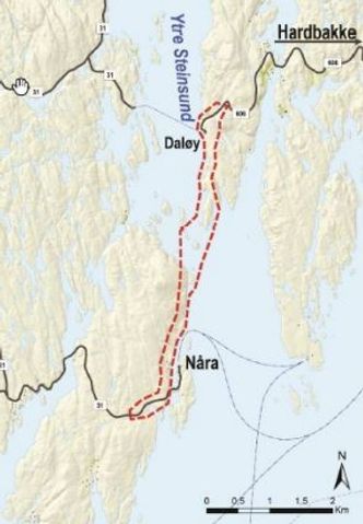 Kart over traseen for ny vei og ny bru i Solund. Illustrasjon:  Vestland fylkeskommune