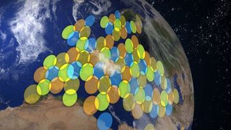 Illustrasjon over dekningen til KA-SAT-satellittens punktstråler. Satellitten dekker store deler av Europa, men også Nord-Afrika og østover mot deler av Russland. Illustrasjon: Eutelsat