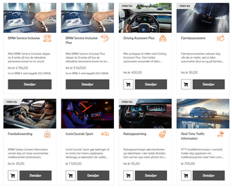 Et utsnitt av tjenestene som tilbys i BMWs norske nettbutikk. Skjermbilde: BMW