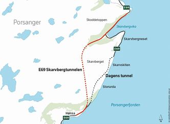 Den gamle tunnelen på snaue tre kilometer erstattes av ny tunnel på nesten 3,5 kilometer. Totalt blir det 6800 meter ny vei. Illustrasjon:  Statens vegvesen