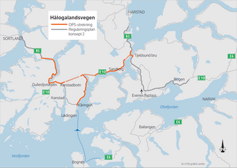 Utbyggingen vil bli Nord-Norges største samferdselsprosjekt gjennom tidene. Veianlegget skal gi bedre trafikksikkerhet og økt framkommelighet i regionen. Det vil knytte Sortland, Kvæfjord, Lødingen, Tjeldsund og Harstad tettere sammen, og gi redusert kjøretid mellom stedene. Illustrasjon:  Statens vegvesen