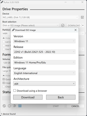 Du kan enten laste ned Windows ISO-filen på forhånd, eller via Rufus. Skjermbilde: Rufus