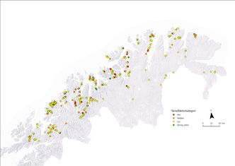 Kart over skredpunkter i Troms og Finnmark basert på dagens modell. Illustrasjon:  TFFK