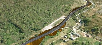 Modell av ny riksvei 5 ved Lunde turiststasjon. Illustrasjon: Statens vegvesen