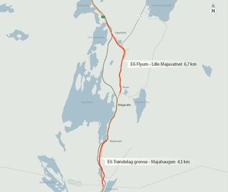 Prosjektet E6 Trøndelag grense-Lille Majavatn er delt i to parseller. Det skal blant annet bygges 9,6 kilometer ny E6 med fartsgrense 90 km/t og klargjøres for 90 km/t på strekningen Kappfjellia-Lille Majavatn. Illustrasjon:  Statens vegvesen