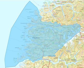 Her har vi Fjordane. Kart over området som inngår i kontrakten. Illustrasjon: Vestland fylkeskommune