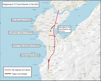 Kartet viser hvilke veistrekninger som åpnes, og hvilke som stenges som en konsekvensen av nyåpningen. Illustrasjon:  Trøndelag fylkeskommune