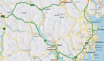 Den nye kontrakten gjelder drift av riksveiene i Vestfold og deler av Telemark. Nesten 463 kilometer vei totalt. Illustrasjon:  Statens vegvesen