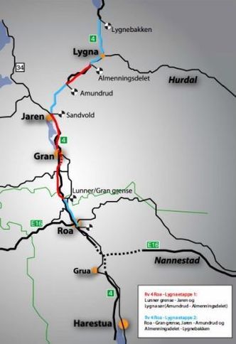 Etappe 2 av riksvei 4 på Hadeland består av tre strekninger. Firefeltsveien Roa-Gran grense åpner trolig i år. Breddeutvidelsen av Sandvoll-Amundrud var ferdig i 2022. Nå kommer Almenningsdelet-Lygnebakken. Illustrasjon: Statens vegvesen