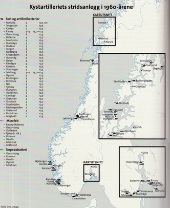 Oversikt over Kystartilleriets 47 stridsanlegg i 1960-årene. (Illustrasjon fra boken «Sjøforsvaret i krig og fred», side 398).