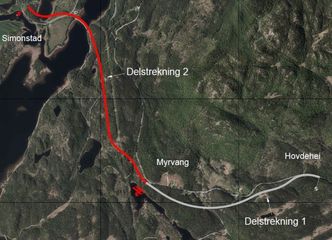 Slik er veien tenkt å gå på kartet. Illustrasjon: Agder fylkeskommune