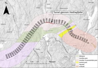 Slik ser fjellet ut i veitraseen og tunnelen. Illustrasjon:  Norconsult/Agder fylkeskommune