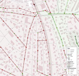 Utsnitt fra modellen. Nettet er komplekst, og i halvparten av nettet går både kloakk, overvann, slukvann og takvann i en og samme ledning. Illustrasjon:  Bjørn Christoffersen