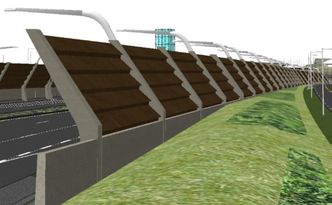 Illustrasjon av solceller på støyskjermer. Foto:  Aas-Jakobsen/Statens vegvesenAas-Jakobsen/Statens vegvesenAas-Jakobsen/Statens vegvesenAas-Jakobsen/Statens vegvesen