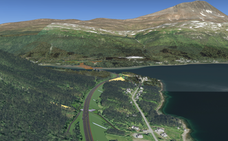 Illustrasjon av vei i dagen sørøst mot Sørbotn. I bakgrunnen kan man skimte brua over Ramfjorden og Lauksletta. Illustrasjon: Statens vegvesen