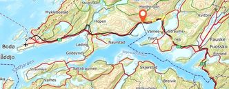 Prosjektområdet ligger ligger i Fauske kommune, cirka 30 minutters kjøring fra Bodø sentrum østover langs riksvei 80. Illustrasjon:  Statens vegvesen