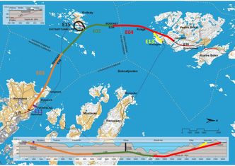 Oversiktskartet viser hvordan Rogfast er delt opp i tre store, og en litt mindre kontrakt. De tre store hovedkontraktene er E03 Randaberg, som er tildelt Implenia/Stangeland, E04 fra Bokn mot Kvitsøy er tildelt Skanska, og nå E02 som går fra Kvitsøy og begge veier mot Bokn og Randaberg. E15 har Risa/Hæhre, som er godt på vei ned mot framtidige hovedløp under Kvitsøy. Illustrasjon: Statens vegvesen