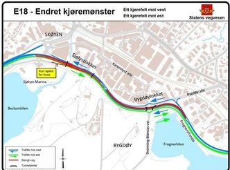 Kartoversikt som viser hvor arbeidene på E18 pågår Bilde: Statens vegvesen