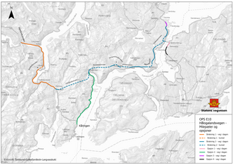Slik skal Hålogalandsveien bygges. Strekning 1 (orange), Strekning 2 (blå), Opsjon 1 (rosa) og Opsjon 2 (grønn) bygges i OPS-kontrakten. Opsjon 3 og 4 er mulige utvidelser. Illustrasjon: Statens vegvesen