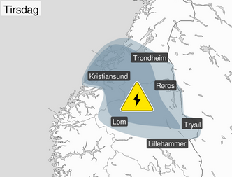 Bildet viser oversikt over farevarsel om lyn. Foto:  Metrologene Yr