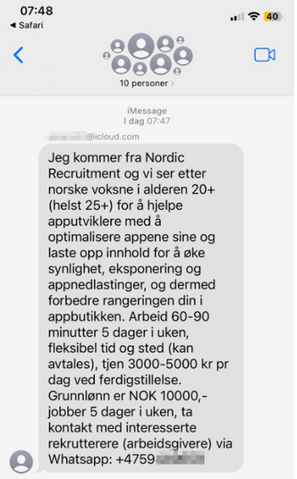 Eksempel på svindelmelding. Foto: Telenor