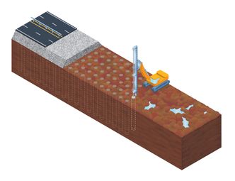Myrpælene blir vispet ned for å stabilisere grunnen. Illustrasjon: Jon Opseth/Statens vegvesen