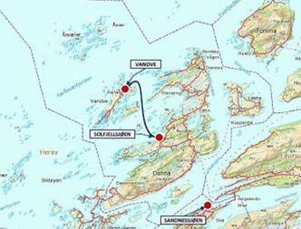 Fergestrekningen på yttersia av Dønna. Illustrasjon: Nordland fylkeskommune