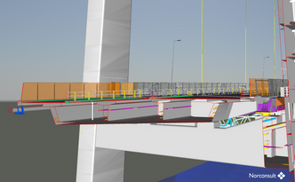 Tverrsnitt gjennom brutårn og viadukt Knarrvika sett fra Knarrvika mot Drotningsvik. På bildet fra BIM-modellen til Norconsult ser man flere av detaljene i modellen, blant annet spennarmering, avfuktningsanlegg, ulike kjøresterke rekkverk, støyskjermer og klatresikkert rekkverk. Illustrasjon:  Norconsult/Nordic
