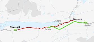 To linjer på strekningen Staurset-Stormyra var aktuelle, men så ble grønn linje vedtatt. Illustrasjon: Statens vegvesen