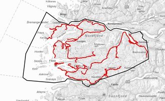 Veiene som inngår i driftskontrakten for Sunnfjord nord. Illustrasjon:  Vestland fylkeskommune