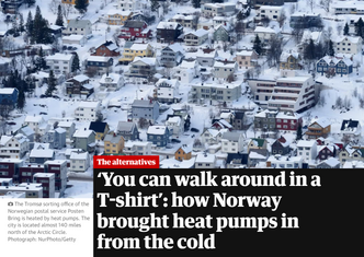 Tittelen på artikkelen i The Guardian var: Du kan gå rundt i en t-skjorte: Hvordan Norge tok varmepumper inn i varmen. Skjermbilde:  The Guardian