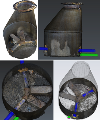3D-Kum illustrert med ulike snitt og visualiseringer, inkl. vektoriserte rørdimensjoner, kumvegger og annen oppbygging.