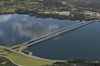 Det ene alternativet er ny bru langs dagens bru. Denne illustrasjonen viser hvordan den nordre utgaven av ny Mjøsbrua kan se ut. Illustrasjon: Cowi