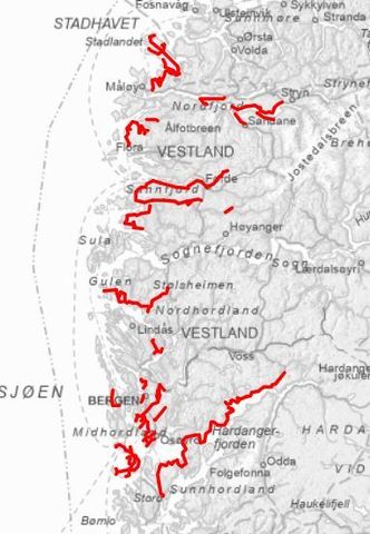 Strekningene i Vestland fylke hvor det ble gjort bæreevnemålinger i år. Illustrasjon: Vestland fylkeskommune