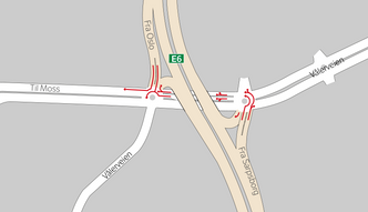 Slik er det nye kjøremønsteret fra E6 og i Patterødkrysset. Illustrasjon:  Statens vegvesen