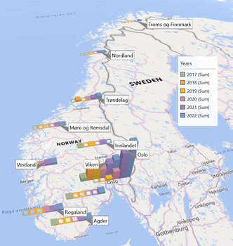 Geografisk fordeling av offentlig prosjekter i Norge som har brukt elektriske anleggsmaskiner i perioden 2017 til 2022. Illustrasjon: Sintef