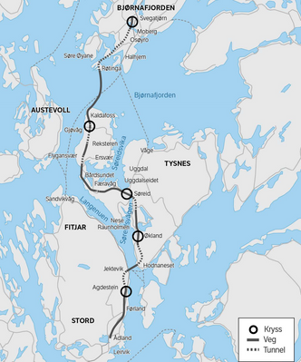 Hordfast skal etter planen bygges mellom Os og Stord, og erstatte flere fergestrekninger mellom Bergen og Stavanger med vei. Illustrasjon: Vegvesenet