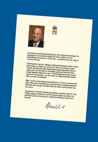 Hilsen fra kong Harald til 150 års-utgaven av Teknisk Ukeblad i 2004. Foto:  Faksimile