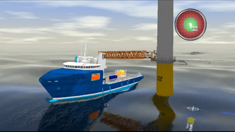 En service operation vessel (SOV) koblet til en vindturbin via en gangbro. I denne simulasjonen undersøkes hvilke forhold fartøyet kan brukes i til å frakte personell og utstyr. Foto: DNV