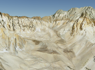 Bildet viser to av steinbreene i fjellkjeden Sierra Nevada i California som ble undersøkt. Et flyfoto brukt i studien er drapert over en digital høydemodell. Foto: USGS, Kääb/Røste