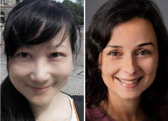 Det er vanskelig å sammenligne grønt og blått hydrogen, forteller Haiping Shen (t.v.) og Raquel Santos Jorge. Foto: Privat