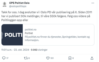 Politiet i Oslo poster sin siste melding på X. Nå går de over på Politiloggen. Foto: Skjermbilde X