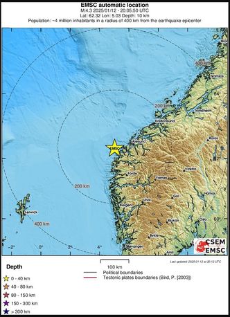 Det har vært rystelser over store deler av Vestlandet etter et jordskjelv noen mil vest av Herøy i Møre og Romsdal søndag kveld. Foto: emsc-csem.org